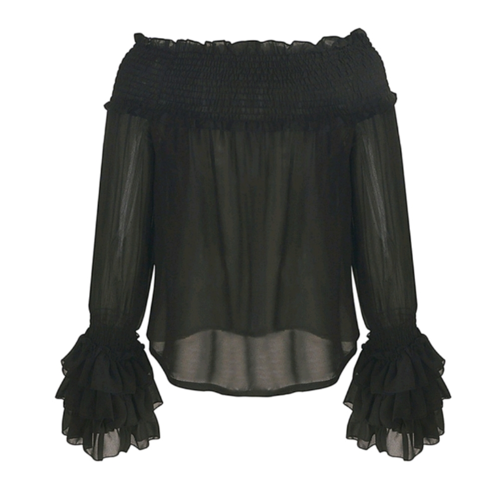 Chiffon Off-Shoulder Blouse for Women – Tiered Cuff Long Sleeves - Picture 3 of 5